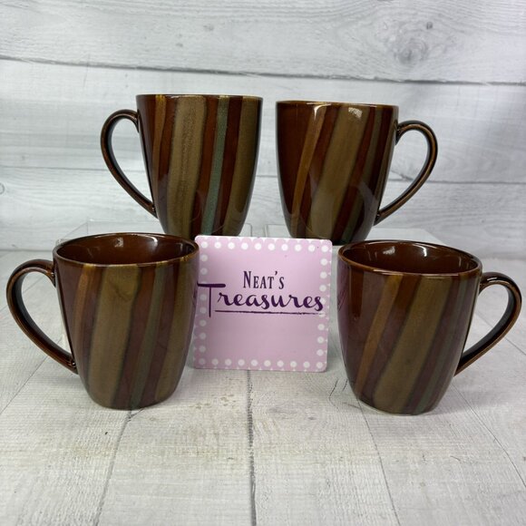 Sango AVANTI BROWN 4722 Stripes On Sand Stoneware 12oz Coffee Cups Mugs Set of 4 - Picture 1 of 15